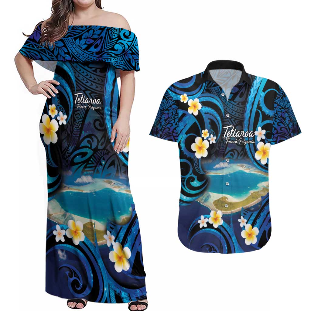 French Polynesia Tetiaroa Atoll Couples Matching Off Shoulder Maxi Dress and Hawaiian Shirt Polynesian Curves Style