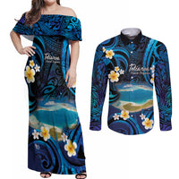 French Polynesia Tetiaroa Atoll Couples Matching Off Shoulder Maxi Dress and Long Sleeve Button Shirt Polynesian Curves Style LT14 Blue - Polynesian Pride