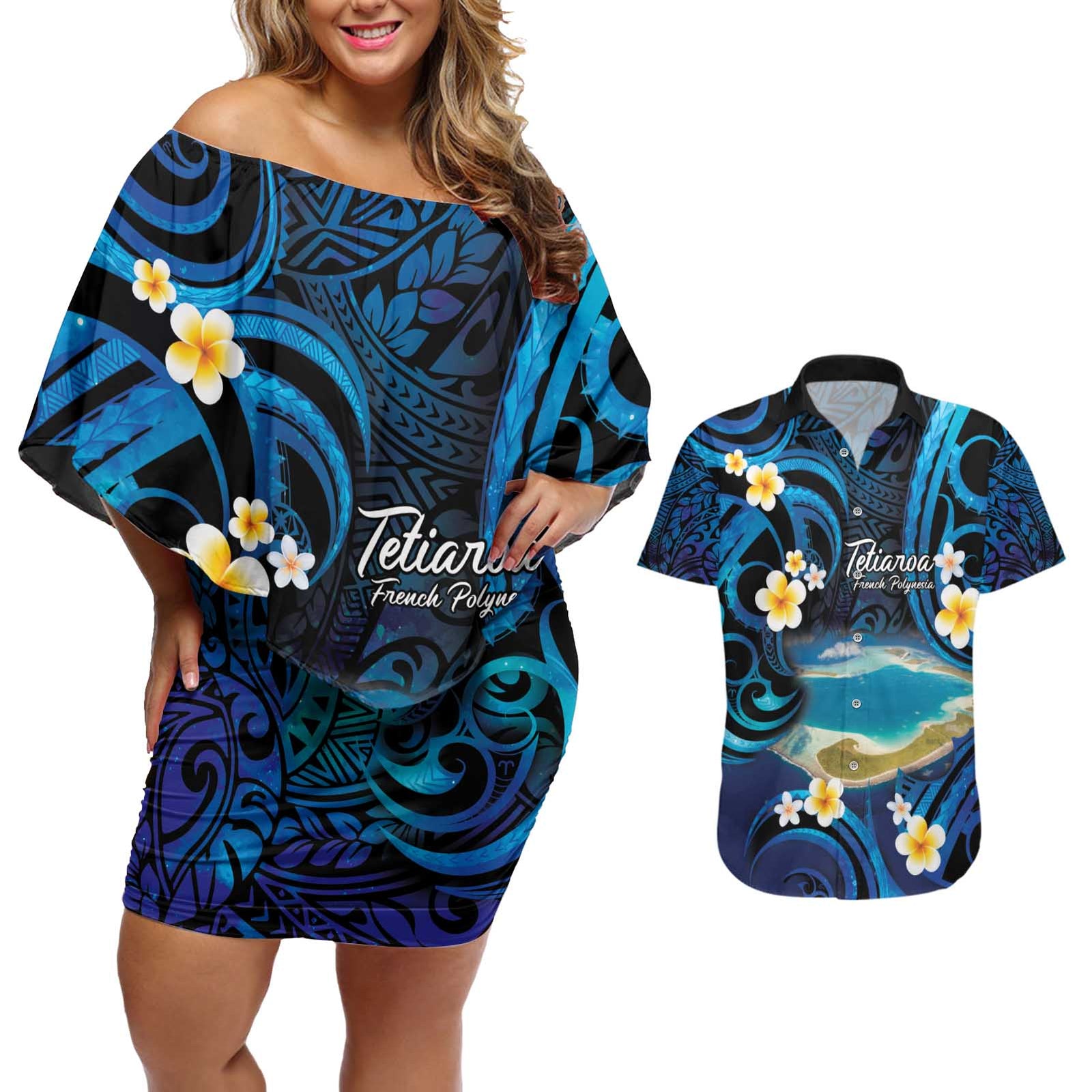 French Polynesia Tetiaroa Atoll Couples Matching Off Shoulder Short Dress and Hawaiian Shirt Polynesian Curves Style LT14 Blue - Polynesian Pride