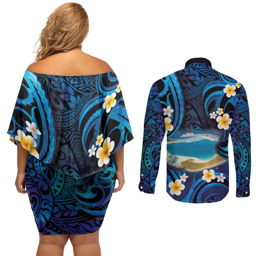 French Polynesia Tetiaroa Atoll Couples Matching Off Shoulder Short Dress and Long Sleeve Button Shirt Polynesian Curves Style LT14 - Polynesian Pride