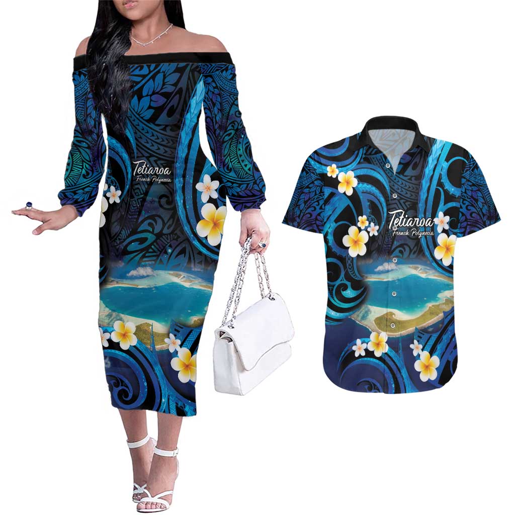 French Polynesia Tetiaroa Atoll Couples Matching Off The Shoulder Long Sleeve Dress and Hawaiian Shirt Polynesian Curves Style LT14 Blue - Polynesian Pride