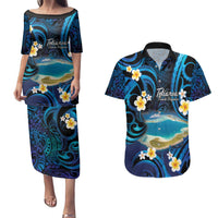 French Polynesia Tetiaroa Atoll Couples Matching Puletasi and Hawaiian Shirt Polynesian Curves Style LT14 Blue - Polynesian Pride