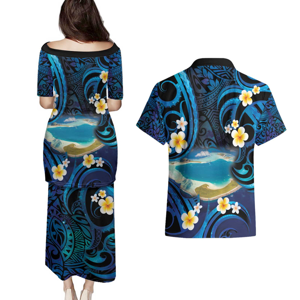 French Polynesia Tetiaroa Atoll Couples Matching Puletasi and Hawaiian Shirt Polynesian Curves Style LT14 - Polynesian Pride
