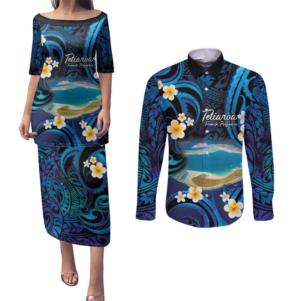 French Polynesia Tetiaroa Atoll Couples Matching Puletasi and Long Sleeve Button Shirt Polynesian Curves Style LT14 Blue - Polynesian Pride