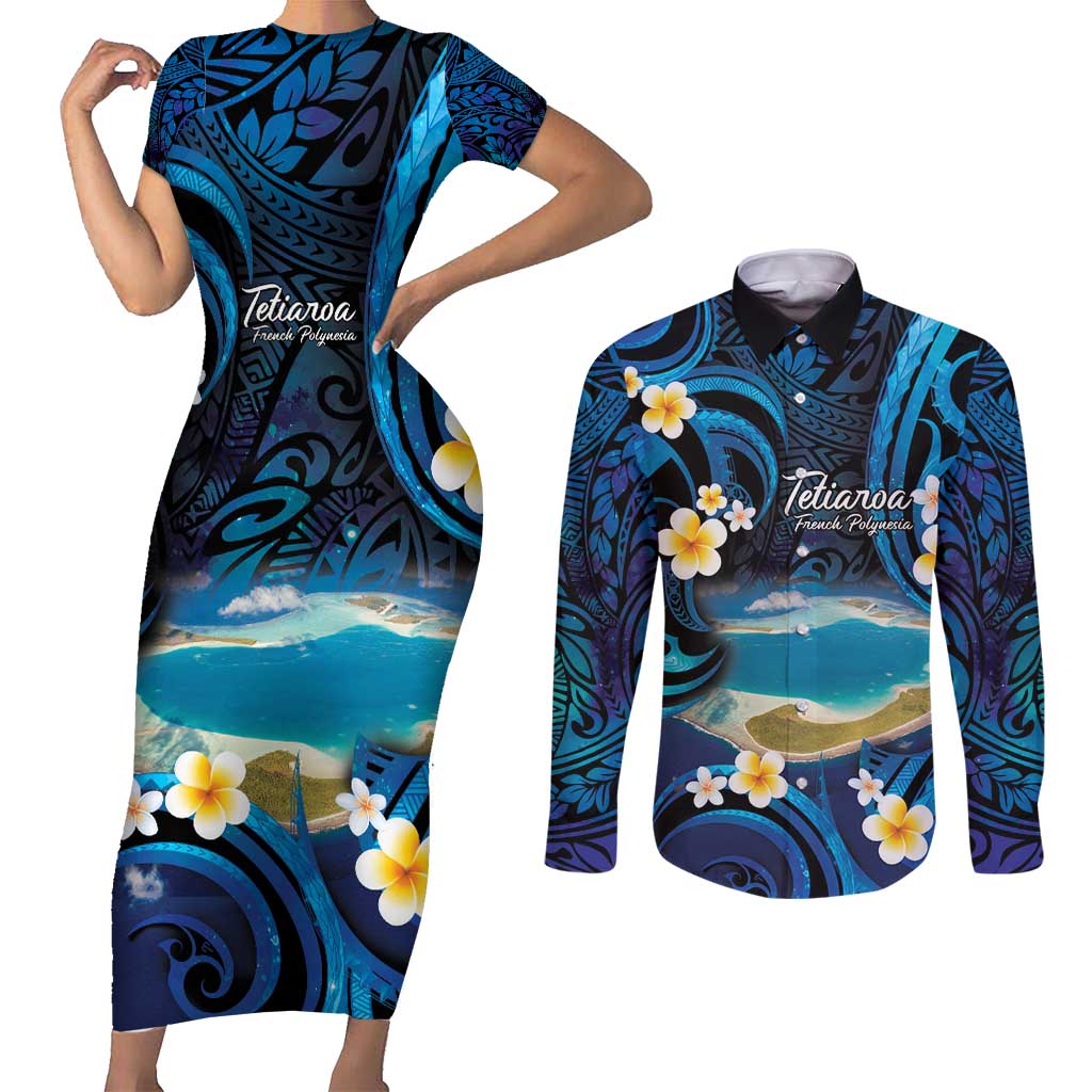French Polynesia Tetiaroa Atoll Couples Matching Short Sleeve Bodycon Dress and Long Sleeve Button Shirt Polynesian Curves Style LT14 Blue - Polynesian Pride