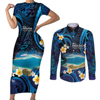 French Polynesia Tetiaroa Atoll Couples Matching Short Sleeve Bodycon Dress and Long Sleeve Button Shirt Polynesian Curves Style LT14 Blue - Polynesian Pride