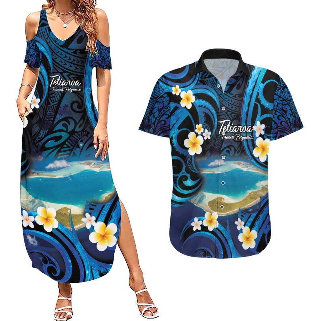 French Polynesia Tetiaroa Atoll Couples Matching Summer Maxi Dress and Hawaiian Shirt Polynesian Curves Style LT14 Blue - Polynesian Pride