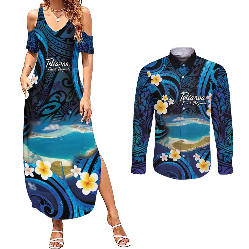 French Polynesia Tetiaroa Atoll Couples Matching Summer Maxi Dress and Long Sleeve Button Shirt Polynesian Curves Style LT14 Blue - Polynesian Pride