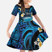 French Polynesia Tetiaroa Atoll Family Matching Puletasi and Hawaiian Shirt Polynesian Curves Style LT14 Daughter's Dress Blue - Polynesian Pride