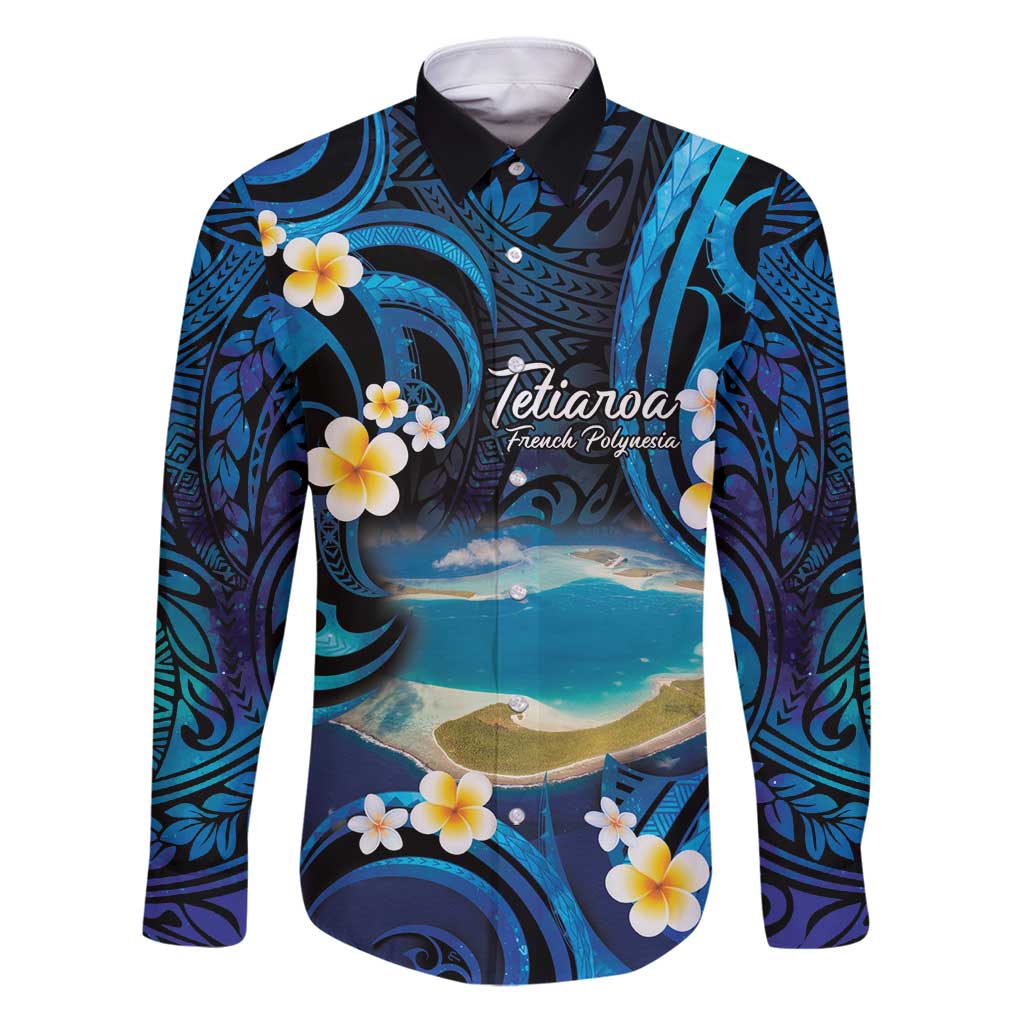 French Polynesia Tetiaroa Atoll Family Matching Puletasi and Hawaiian Shirt Polynesian Curves Style LT14 Dad's Shirt - Long Sleeve Blue - Polynesian Pride