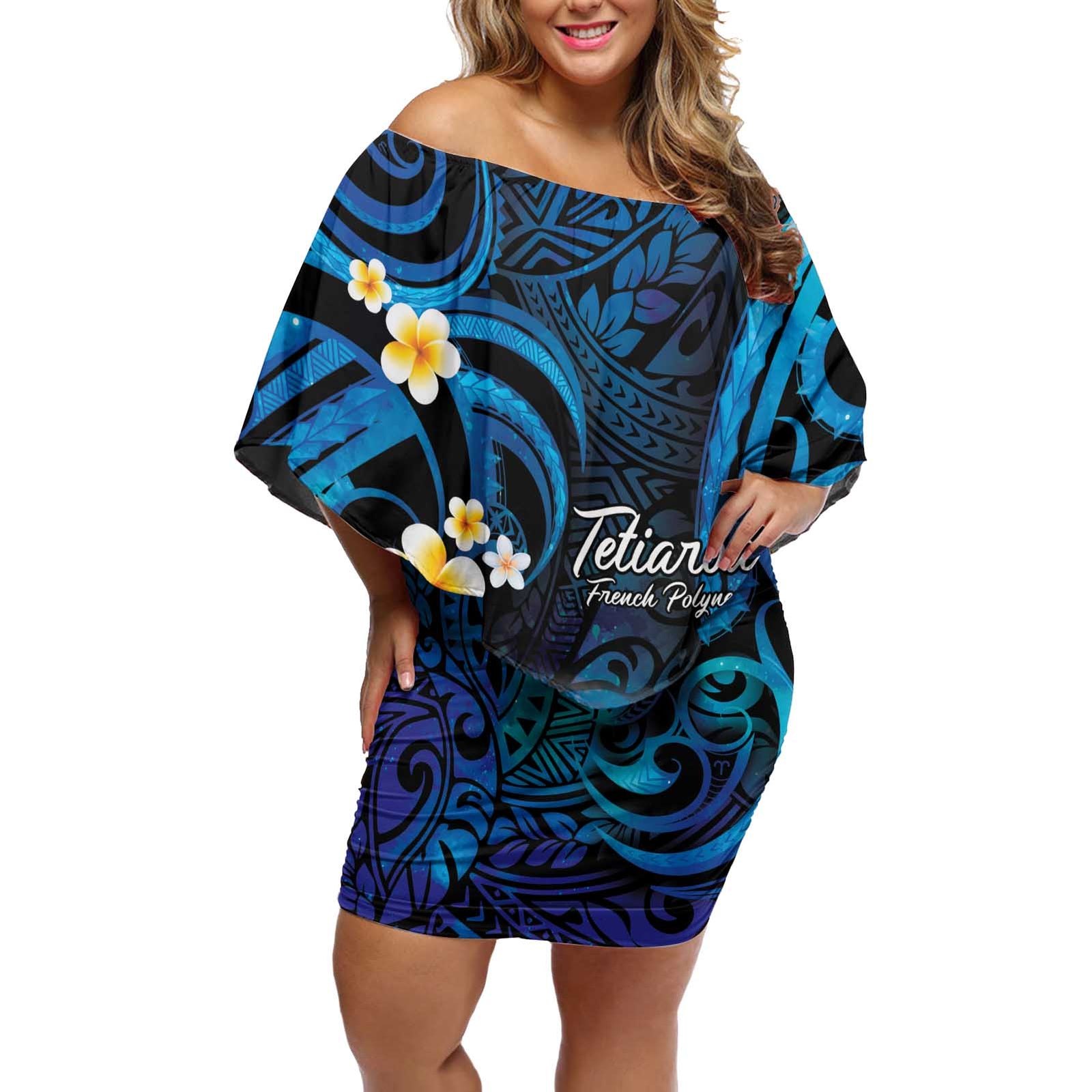 French Polynesia Tetiaroa Atoll Off Shoulder Short Dress Polynesian Curves Style LT14 Women Blue - Polynesian Pride