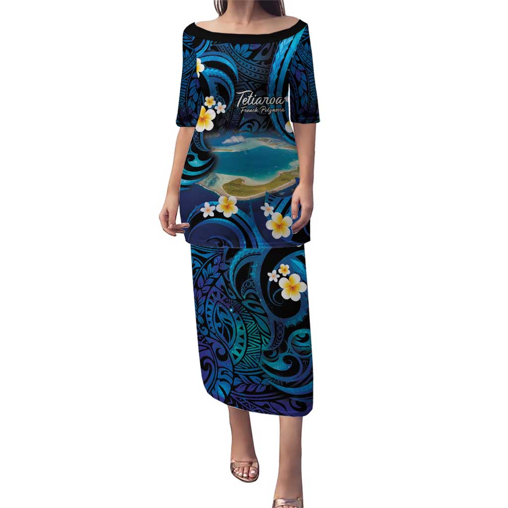 French Polynesia Tetiaroa Atoll Puletasi Polynesian Curves Style LT14 Long Dress Blue - Polynesian Pride