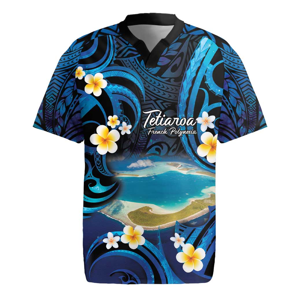 French Polynesia Tetiaroa Atoll Rugby Jersey Polynesian Curves Style LT14 Blue - Polynesian Pride