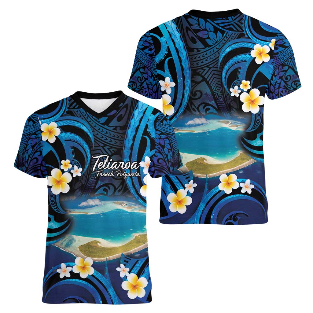 French Polynesia Tetiaroa Atoll Women V-Neck T-Shirt Polynesian Curves Style LT14 - Polynesian Pride