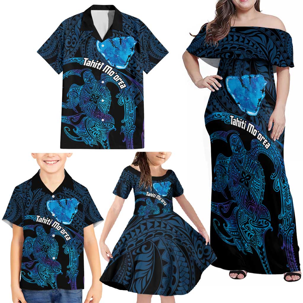 Personalised Tahiti Moorea Atoll Family Matching Off Shoulder Maxi Dress and Hawaiian Shirt Polynesian Sea Turtle