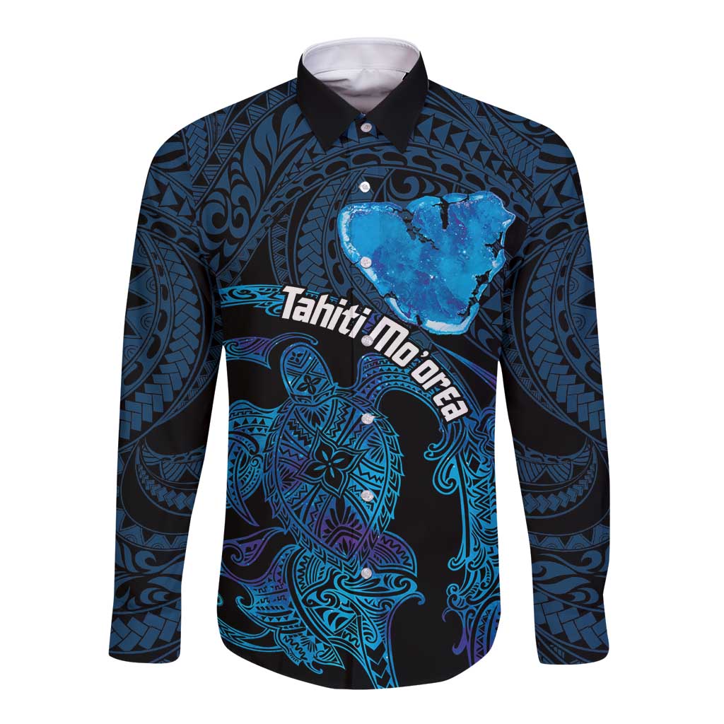 Personalised Tahiti Moorea Atoll Long Sleeve Button Shirt Polynesian Sea Turtle