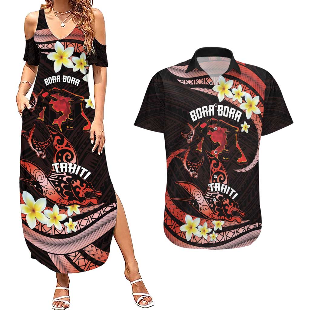 Personalised Tahiti Bora Bora Couples Matching Summer Maxi Dress and Hawaiian Shirt Manta Rays With Polynesian Plumeria