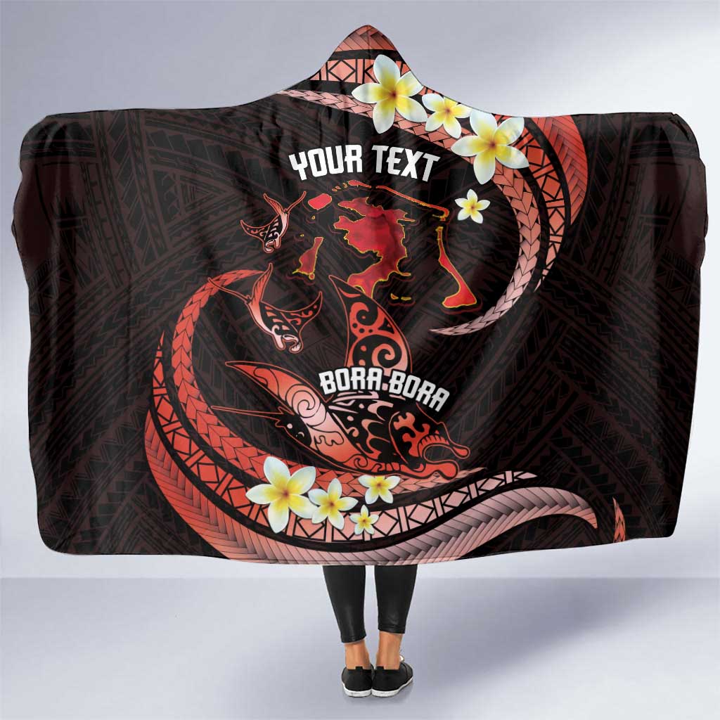 Personalised Tahiti Bora Bora Hooded Blanket Manta Rays With Polynesian Plumeria