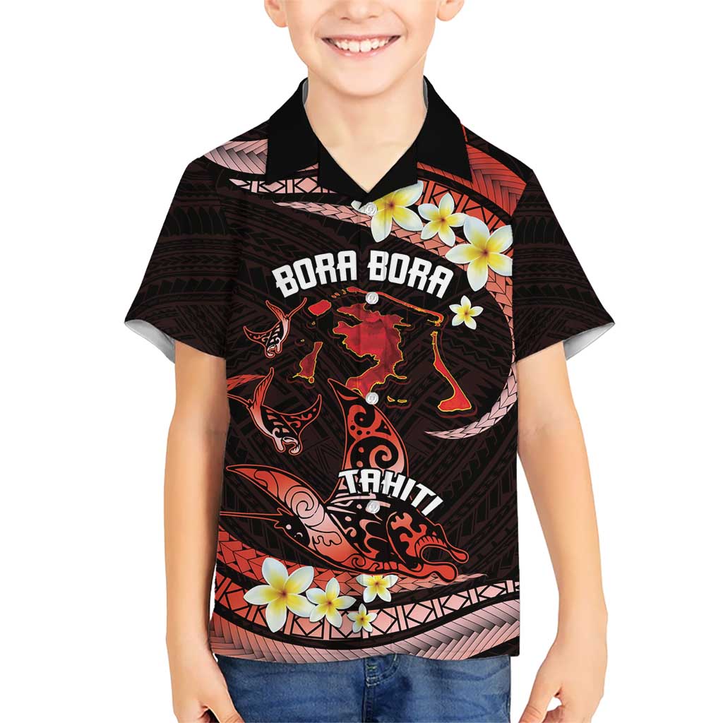 Personalised Tahiti Bora Bora Kid Hawaiian Shirt Manta Rays With Polynesian Plumeria