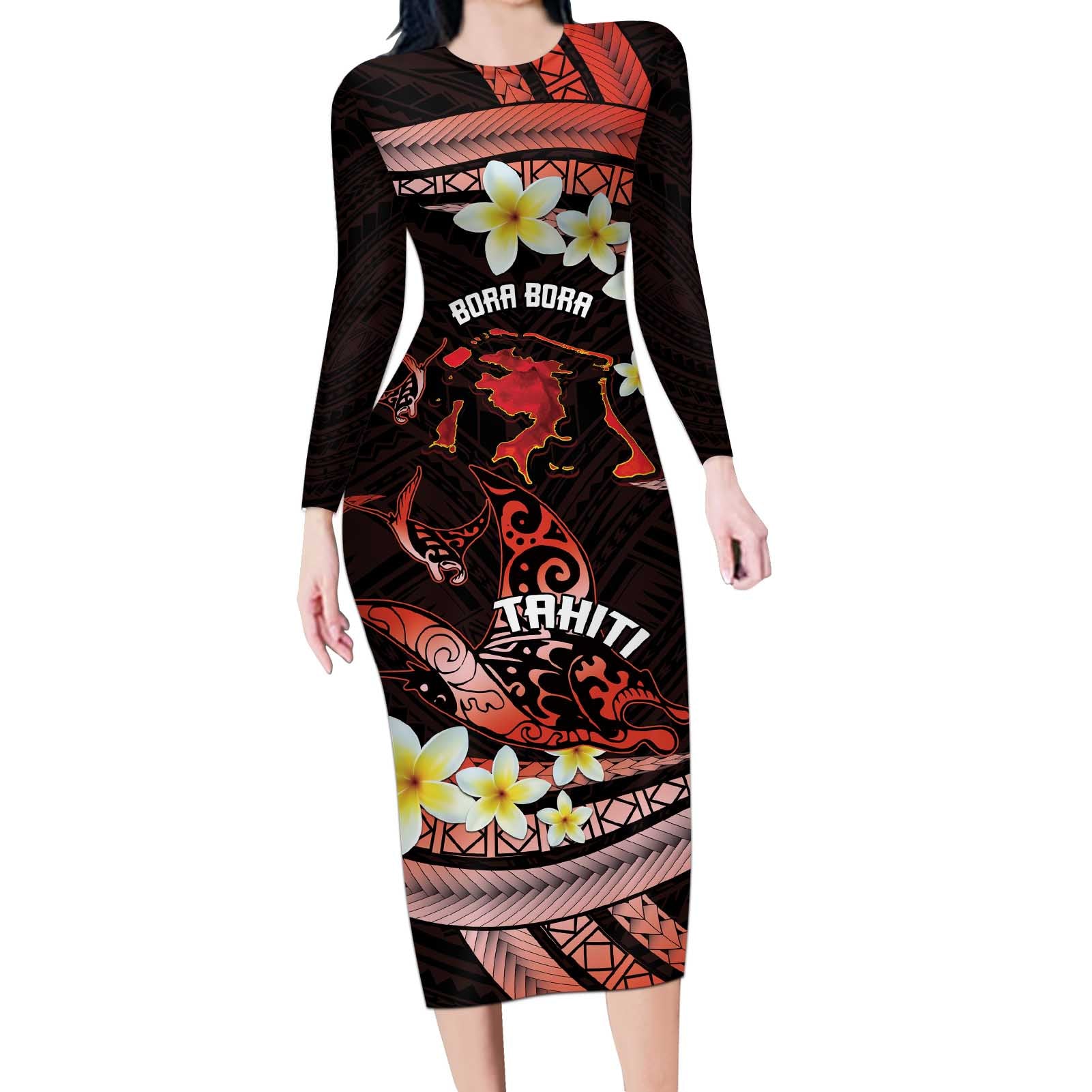 Personalised Tahiti Bora Bora Long Sleeve Bodycon Dress Manta Rays With Polynesian Plumeria