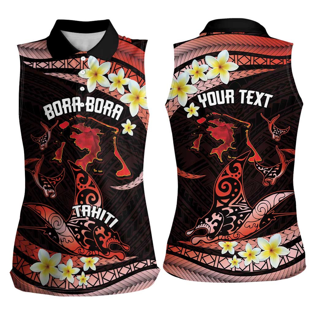 Personalised Tahiti Bora Bora Women Sleeveless Polo Shirt Manta Rays With Polynesian Plumeria
