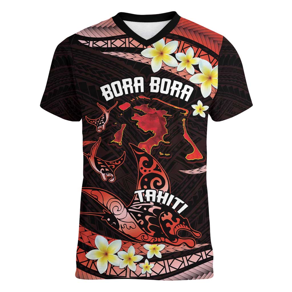 Personalised Tahiti Bora Bora Women V-Neck T-Shirt Manta Rays With Polynesian Plumeria