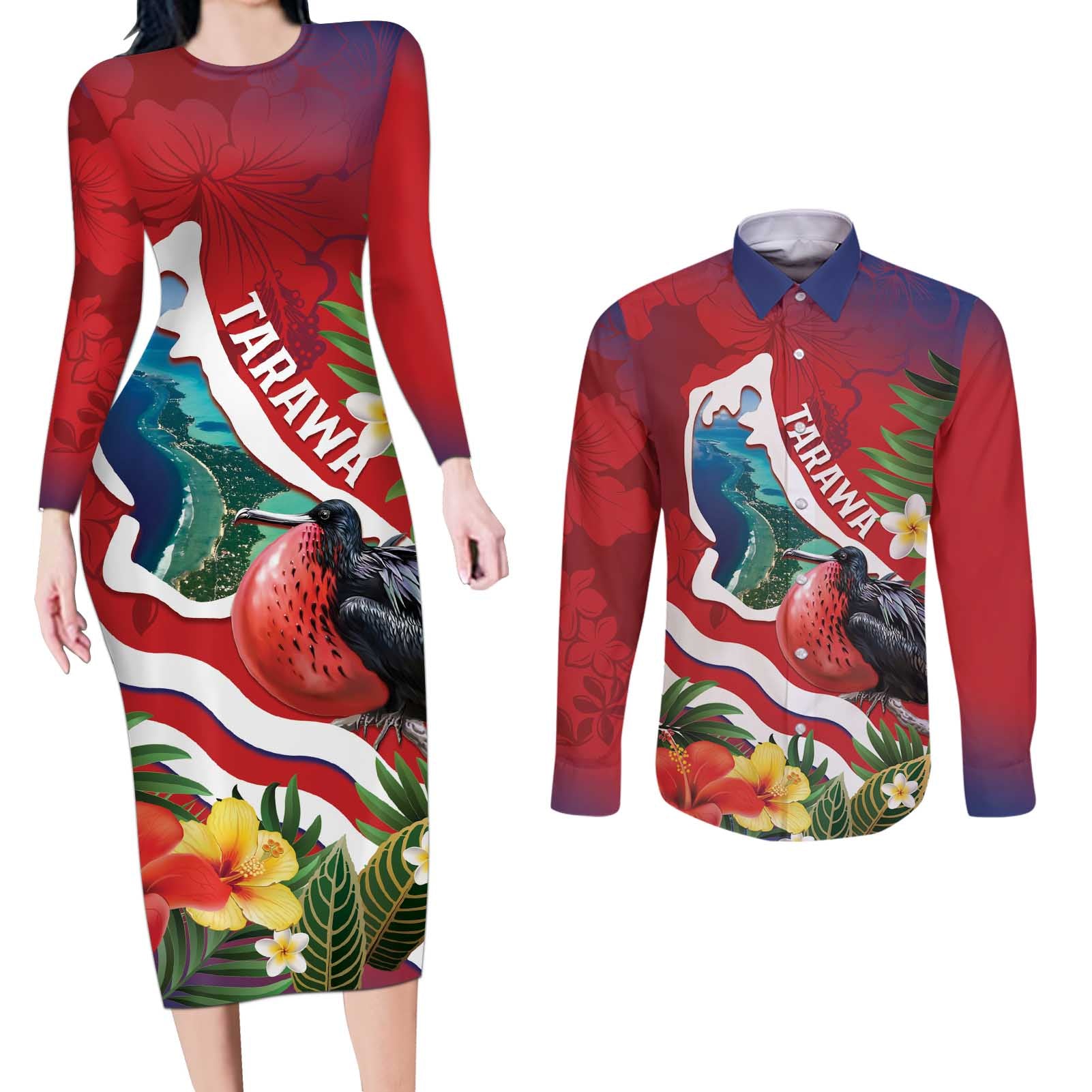 Personalised Kiribati Tarawa Atoll Couples Matching Long Sleeve Bodycon Dress and Long Sleeve Button Shirt Frigate Bird With Map Tropical Style