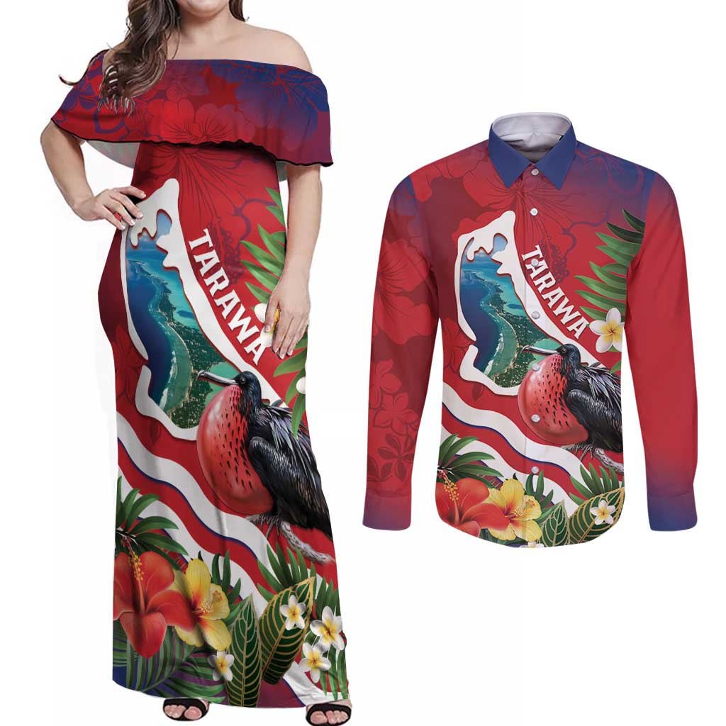 Personalised Kiribati Tarawa Atoll Couples Matching Off Shoulder Maxi Dress and Long Sleeve Button Shirt Frigate Bird With Map Tropical Style