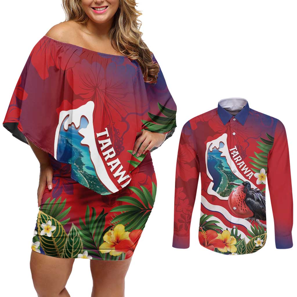 Personalised Kiribati Tarawa Atoll Couples Matching Off Shoulder Short Dress and Long Sleeve Button Shirt Frigate Bird With Map Tropical Style LT14 Red - Polynesian Pride