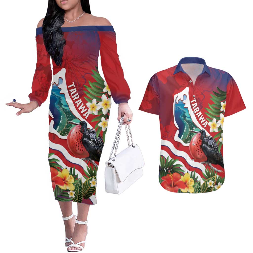 Personalised Kiribati Tarawa Atoll Couples Matching Off The Shoulder Long Sleeve Dress and Hawaiian Shirt Frigate Bird With Map Tropical Style LT14 Red - Polynesian Pride