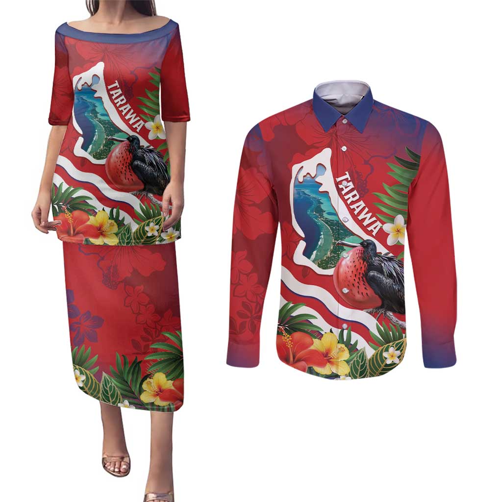 Personalised Kiribati Tarawa Atoll Couples Matching Puletasi and Long Sleeve Button Shirt Frigate Bird With Map Tropical Style LT14 Red - Polynesian Pride