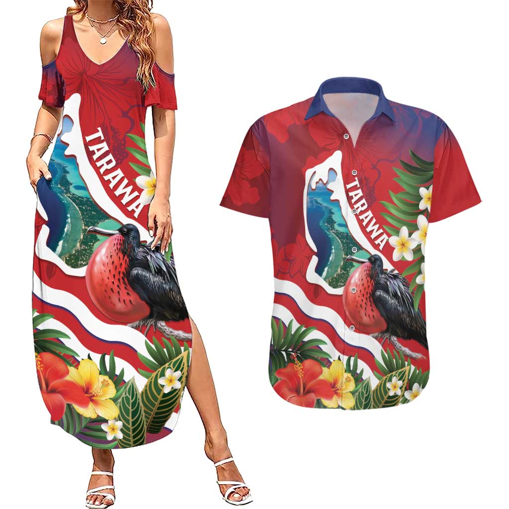 Personalised Kiribati Tarawa Atoll Couples Matching Summer Maxi Dress and Hawaiian Shirt Frigate Bird With Map Tropical Style LT14 Red - Polynesian Pride