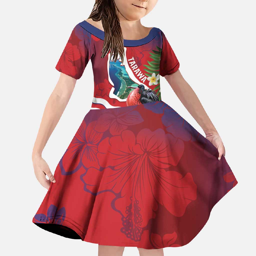 Personalised Kiribati Tarawa Atoll Family Matching Mermaid Dress and Hawaiian Shirt Frigate Bird With Map Tropical Style LT14 Daughter's Dress Red - Polynesian Pride