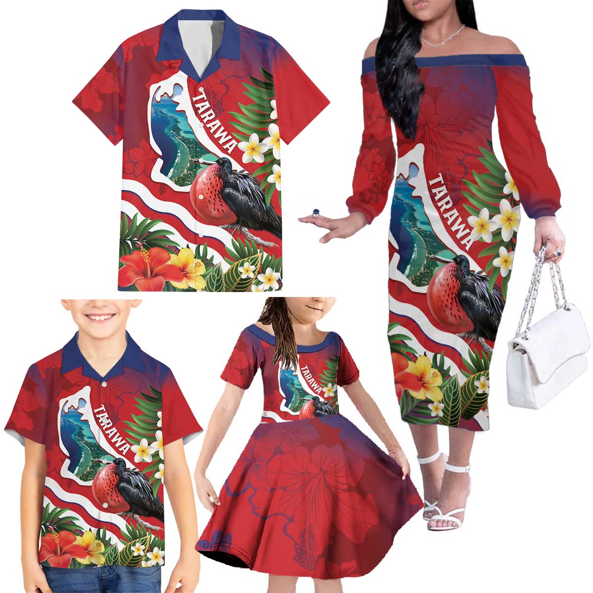 Personalised Kiribati Tarawa Atoll Family Matching Off The Shoulder Long Sleeve Dress and Hawaiian Shirt Frigate Bird With Map Tropical Style