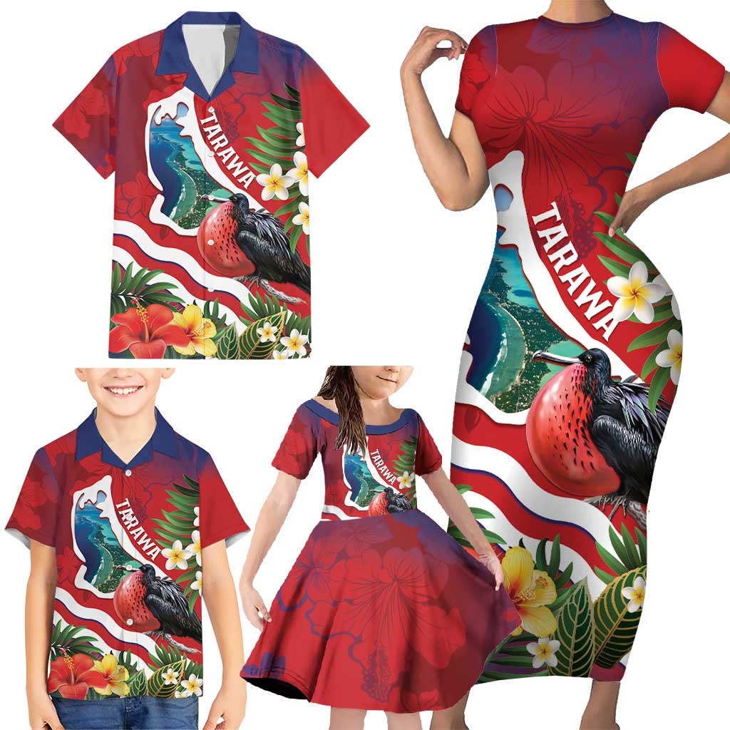 Personalised Kiribati Tarawa Atoll Family Matching Short Sleeve Bodycon Dress and Hawaiian Shirt Frigate Bird With Map Tropical Style