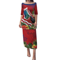 Personalised Kiribati Tarawa Atoll Puletasi Frigate Bird With Map Tropical Style LT14 Long Dress Red - Polynesian Pride