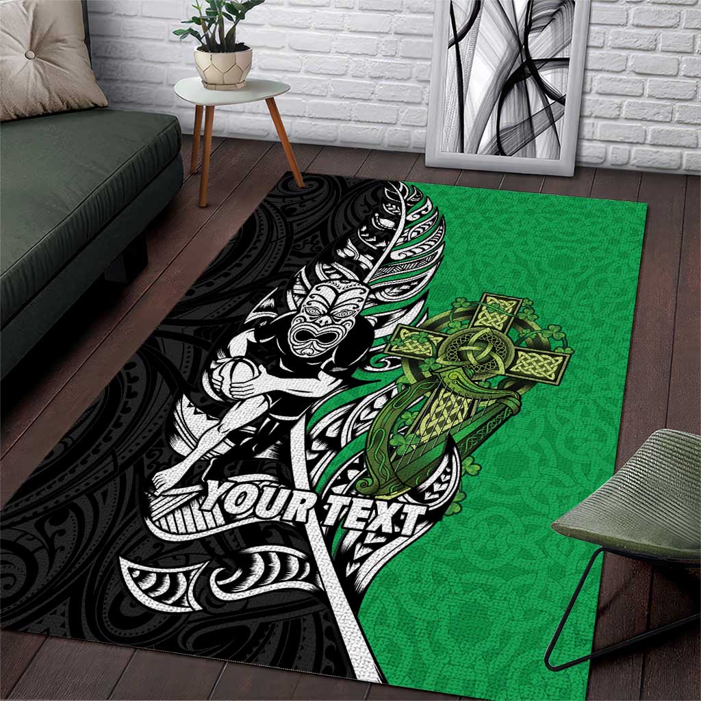 New Zealand and Ireland Rugby Custom Area Rug Maori Tiki Fern Irish Celtic Cross - Polynesian Pride