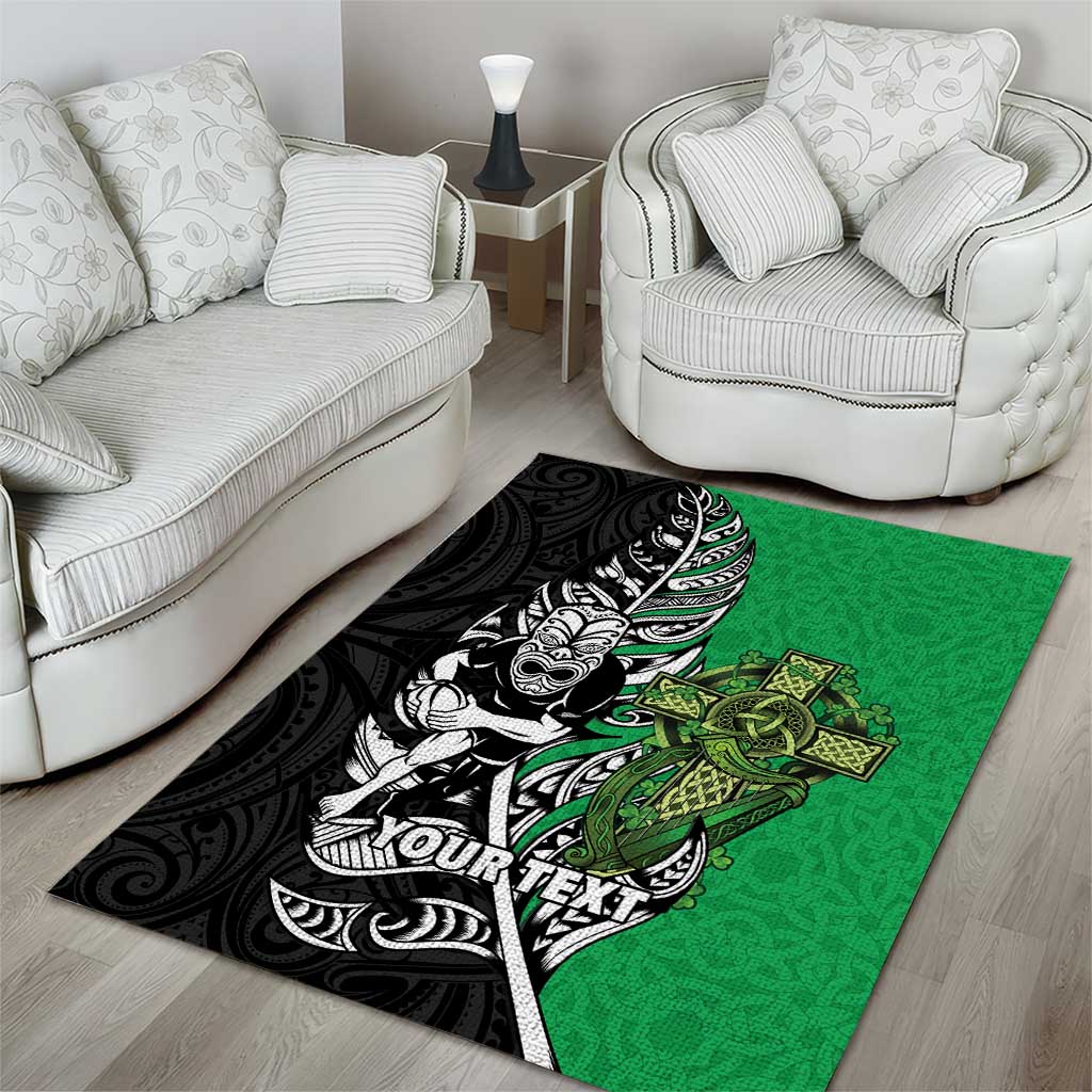 New Zealand and Ireland Rugby Custom Area Rug Maori Tiki Fern Irish Celtic Cross - Polynesian Pride