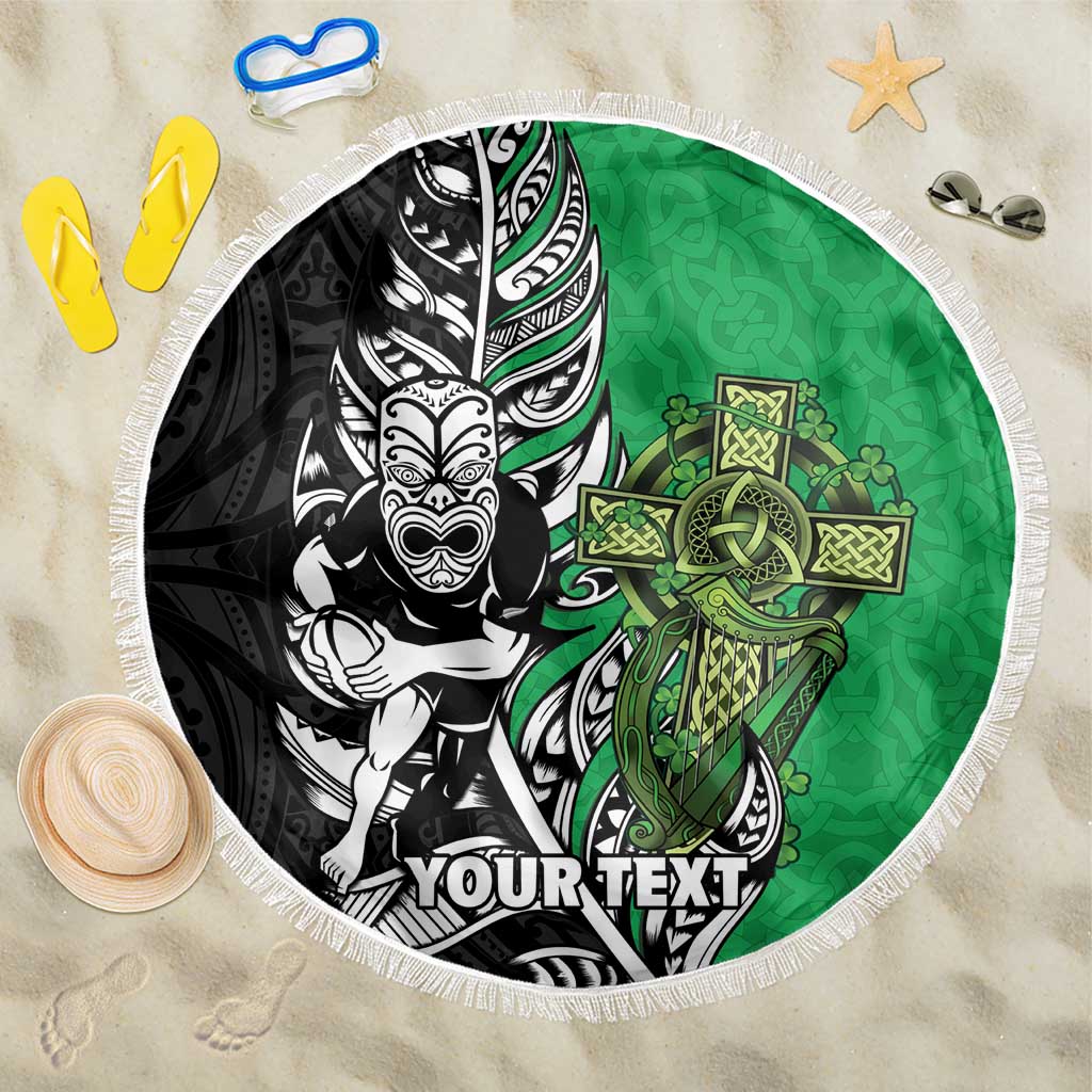 New Zealand and Ireland Rugby Custom Beach Blanket Maori Tiki Fern Irish Celtic Cross - Polynesian Pride