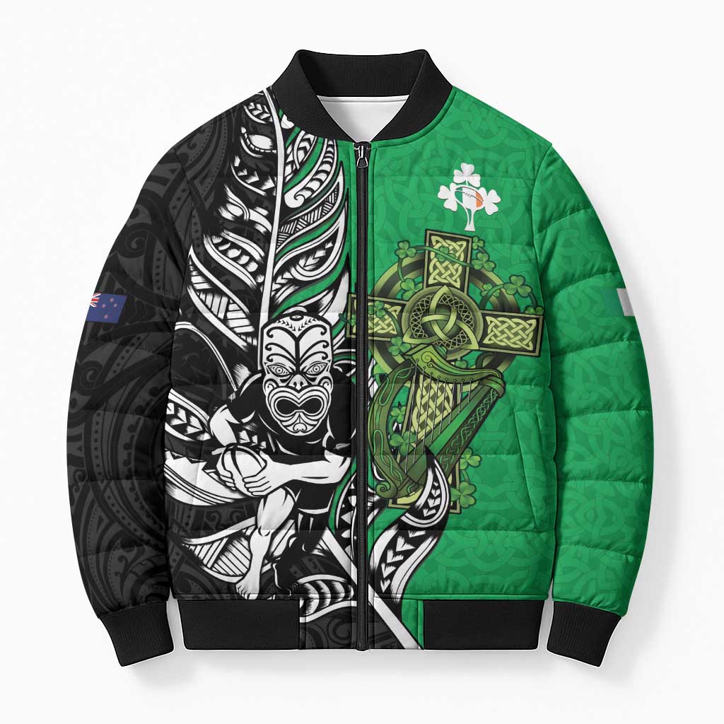 New Zealand and Ireland Rugby Custom Bomber Puffer Jacket Maori Tiki Fern Irish Celtic Cross - Polynesian Pride