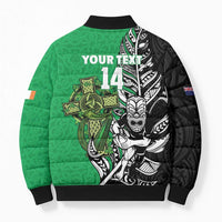 New Zealand and Ireland Rugby Custom Bomber Puffer Jacket Maori Tiki Fern Irish Celtic Cross - Polynesian Pride