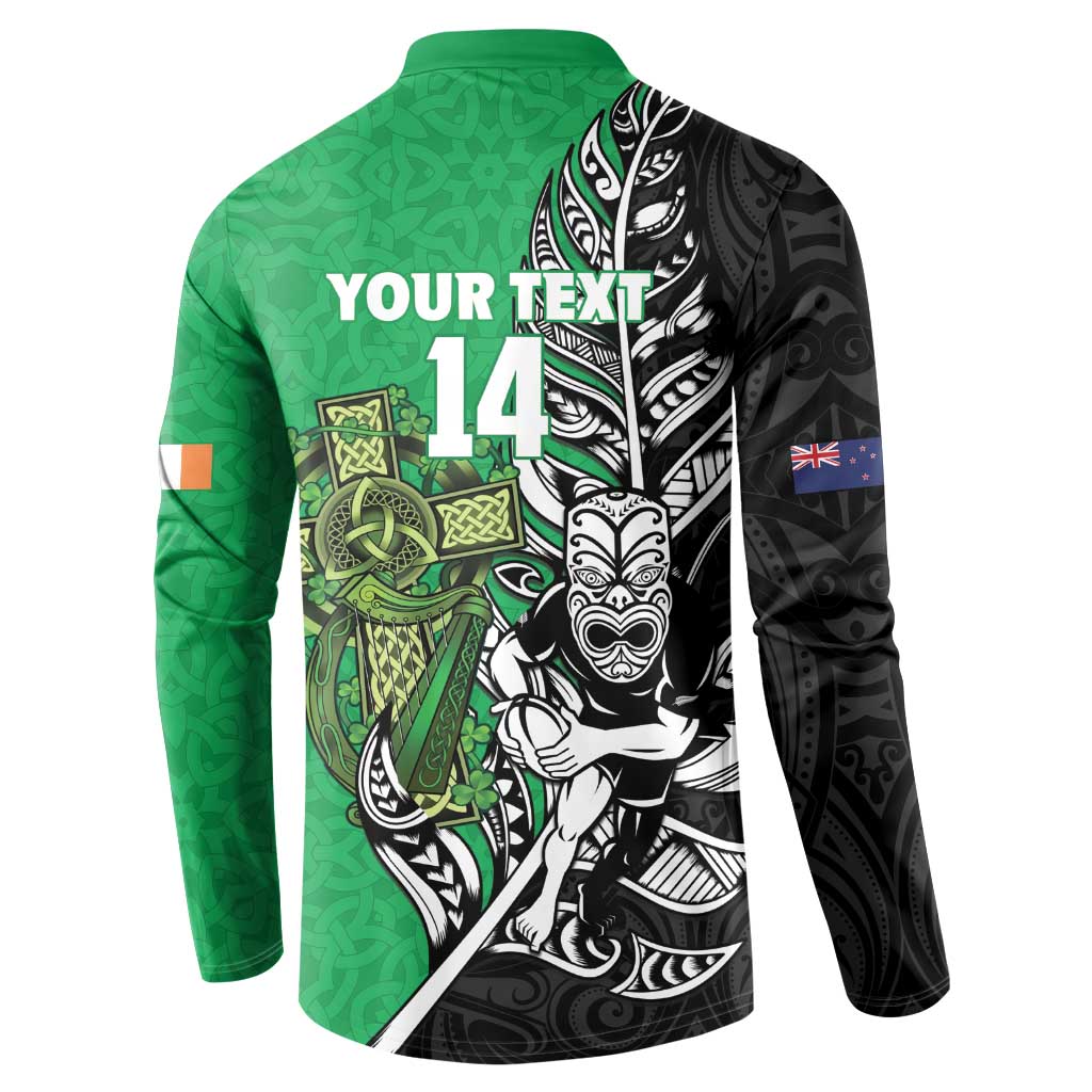 New Zealand and Ireland Rugby Custom Button Sweatshirt Maori Tiki Fern Irish Celtic Cross - Polynesian Pride