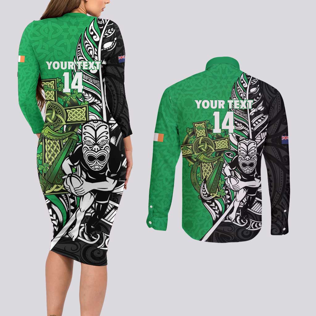New Zealand and Ireland Rugby Custom Couples Matching Long Sleeve Bodycon Dress and Long Sleeve Button Shirt Maori Tiki Fern Irish Celtic Cross - Polynesian Pride