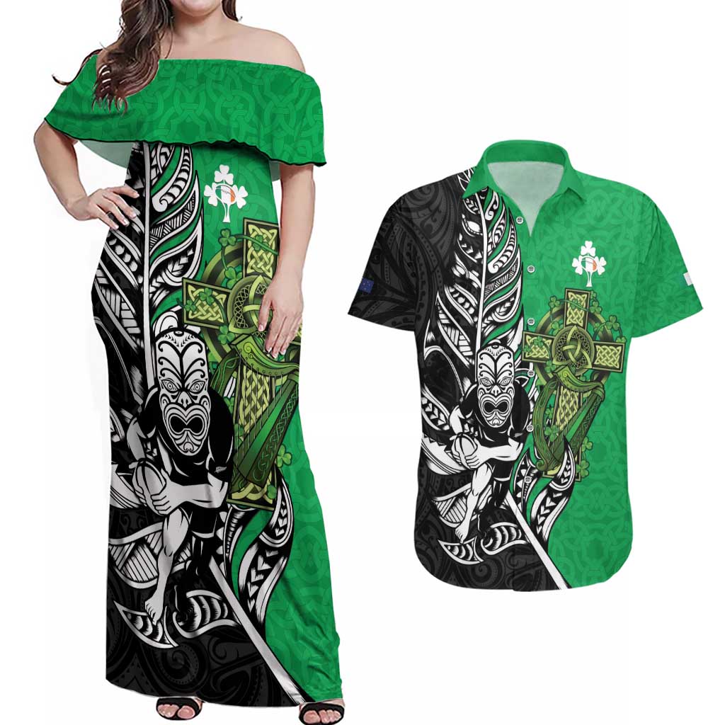 New Zealand and Ireland Rugby Custom Couples Matching Off Shoulder Maxi Dress and Hawaiian Shirt Maori Tiki Fern Irish Celtic Cross - Polynesian Pride
