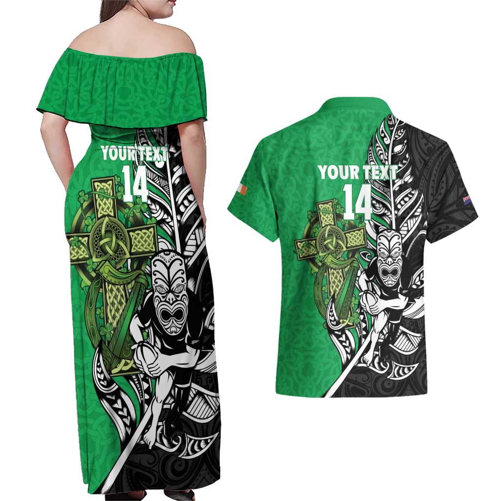 New Zealand and Ireland Rugby Custom Couples Matching Off Shoulder Maxi Dress and Hawaiian Shirt Maori Tiki Fern Irish Celtic Cross - Polynesian Pride