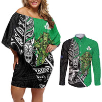 New Zealand and Ireland Rugby Custom Couples Matching Off Shoulder Short Dress and Long Sleeve Button Shirt Maori Tiki Fern Irish Celtic Cross - Polynesian Pride