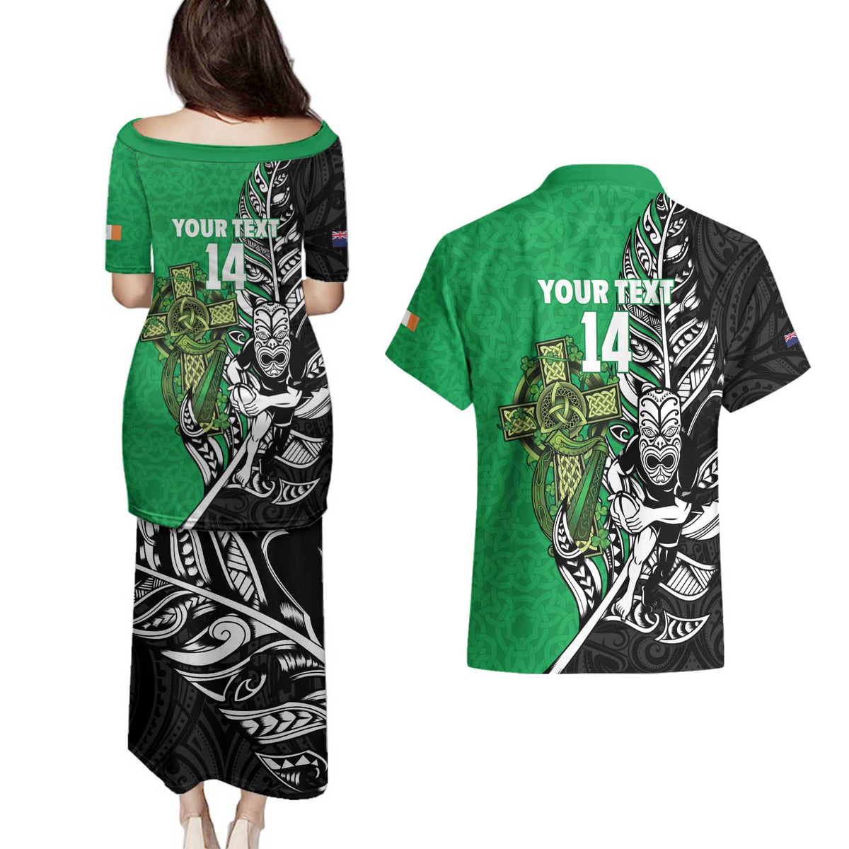 New Zealand and Ireland Rugby Custom Couples Matching Puletasi and Hawaiian Shirt Maori Tiki Fern Irish Celtic Cross - Polynesian Pride