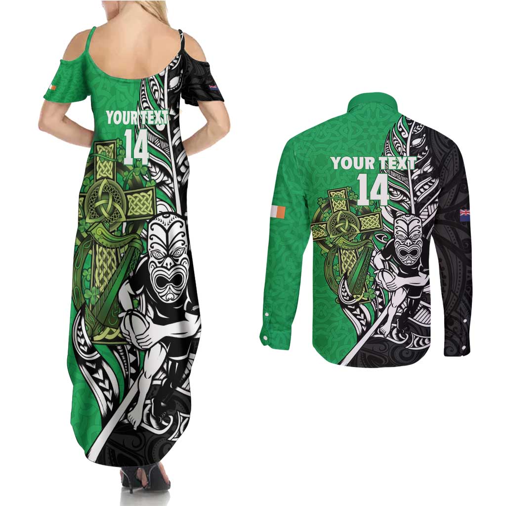 New Zealand and Ireland Rugby Custom Couples Matching Summer Maxi Dress and Long Sleeve Button Shirt Maori Tiki Fern Irish Celtic Cross - Polynesian Pride