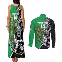 New Zealand and Ireland Rugby Custom Couples Matching Tank Maxi Dress and Long Sleeve Button Shirt Maori Tiki Fern Irish Celtic Cross - Polynesian Pride