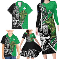New Zealand and Ireland Rugby Custom Family Matching Long Sleeve Bodycon Dress and Hawaiian Shirt Maori Tiki Fern Irish Celtic Cross - Polynesian Pride